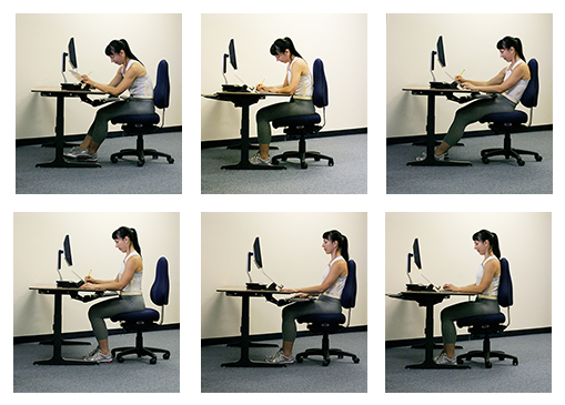 There are many ways to sit, and there are many different kinds of work. People find different ways to get support from the chair and the work surface. How the hand and eye are used is a strong influence on how the body will move. Getting the most support from the legs, the chair and the work surface makes the job more safer and more productive.